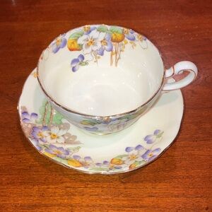 Vintage Paragon bone china teacup & saucer, wild violet pattern, blue, green
